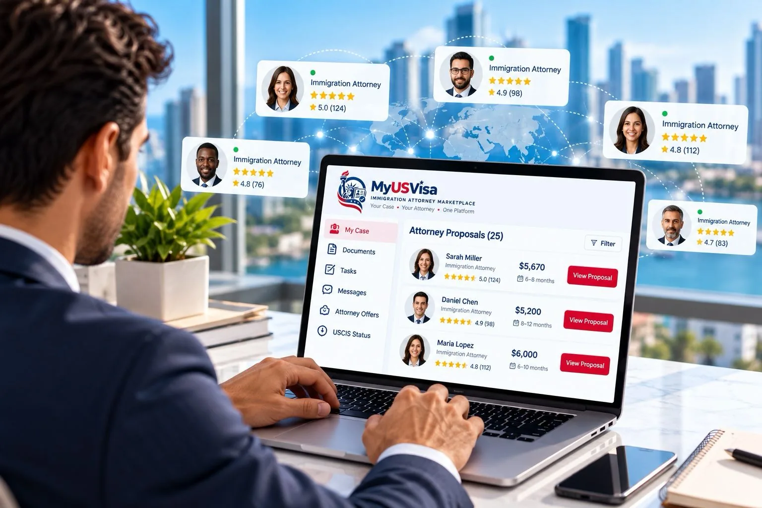 An applicant comparing attorney proposals on the MyUSVisa platform