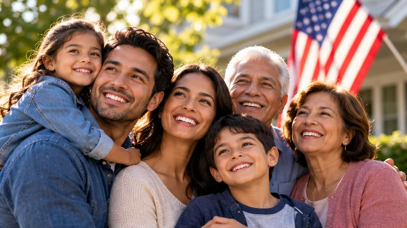Happy family in front of an American flag