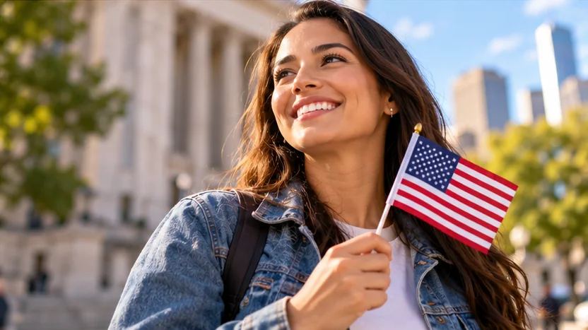 Young woman holding a small American flag