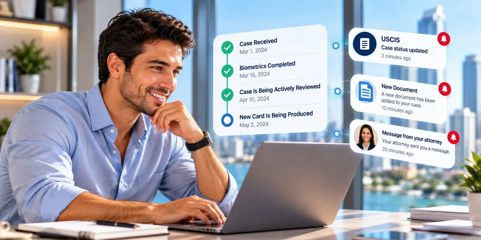 An applicant following USCIS status updates, documents and attorney messages on his laptop